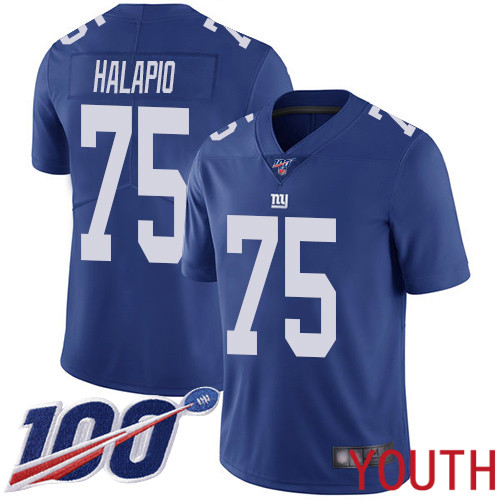 Youth New York Giants #75 Jon Halapio Royal Blue Team Color Vapor Untouchable Limited Player 100th Season Football NFL Jersey->youth nfl jersey->Youth Jersey